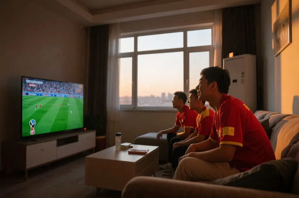 球迷在清晨观看世界杯比赛的氛围场景