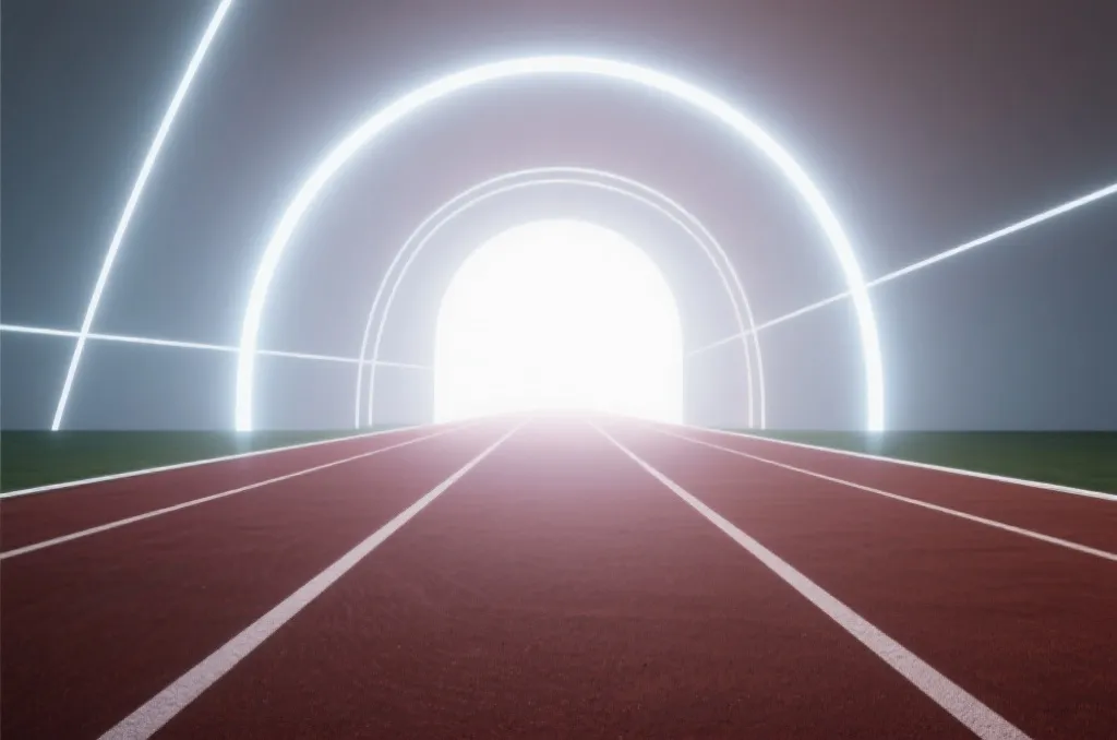 An abstract conceptual visualization of a running track leading towards a shining portal, symbolic of a qualification path