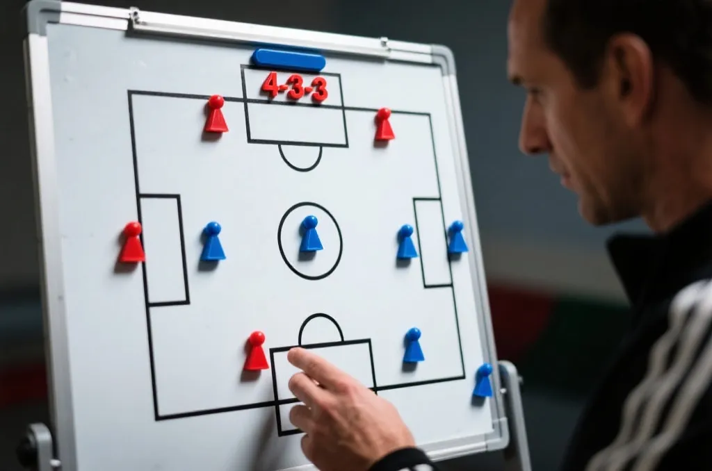 足球战术板上的4-3-3阵型示意图