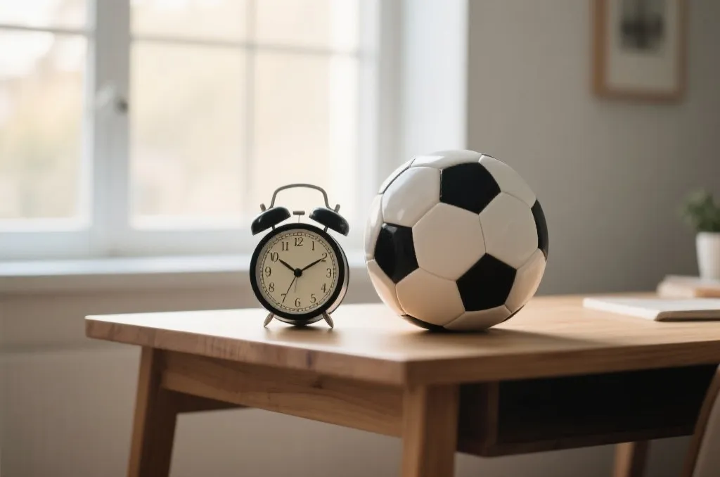 An analog alarm clock and a soccer ball on a desk with soft morning light, representing early morning match times